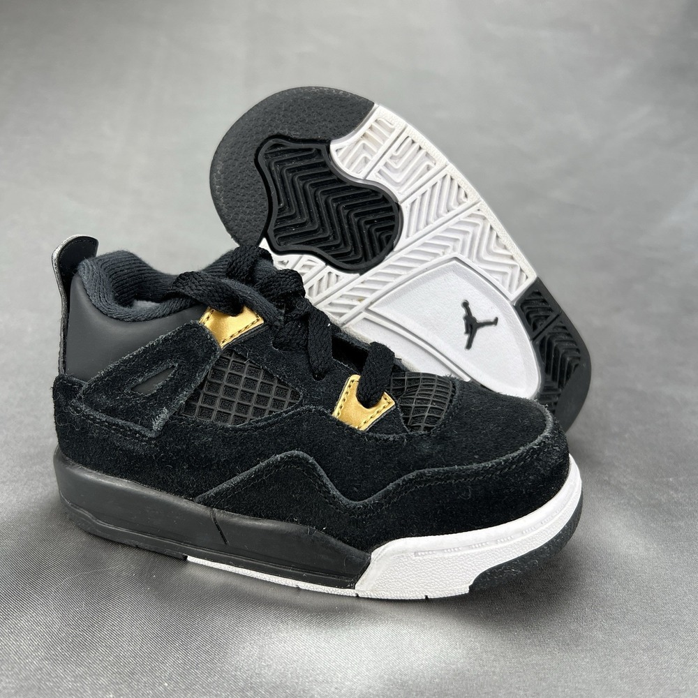 Nike Air Jordan 4 Retro Shoe 308500-032 Black White Gold Royalty Baby Toddler 7C
